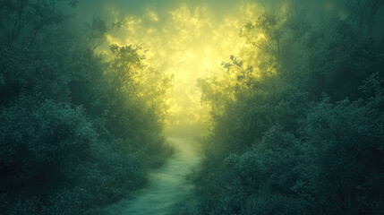 Fototapeta premium A serene forest path illuminated by a mystical glow, surrounded by lush greenery.