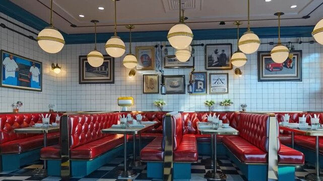 Vibrant retro diner interior featuring red leather booths, tiled walls, and vintage decor under warm lighting
