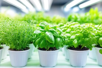 Cozy indoor garden with flourishing herbs under soft lighting