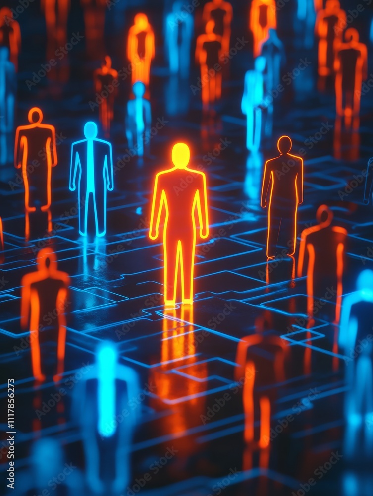 Poster illuminated individuals in cyber space: illuminated figure symbolizes networking, teamwork, cooperat