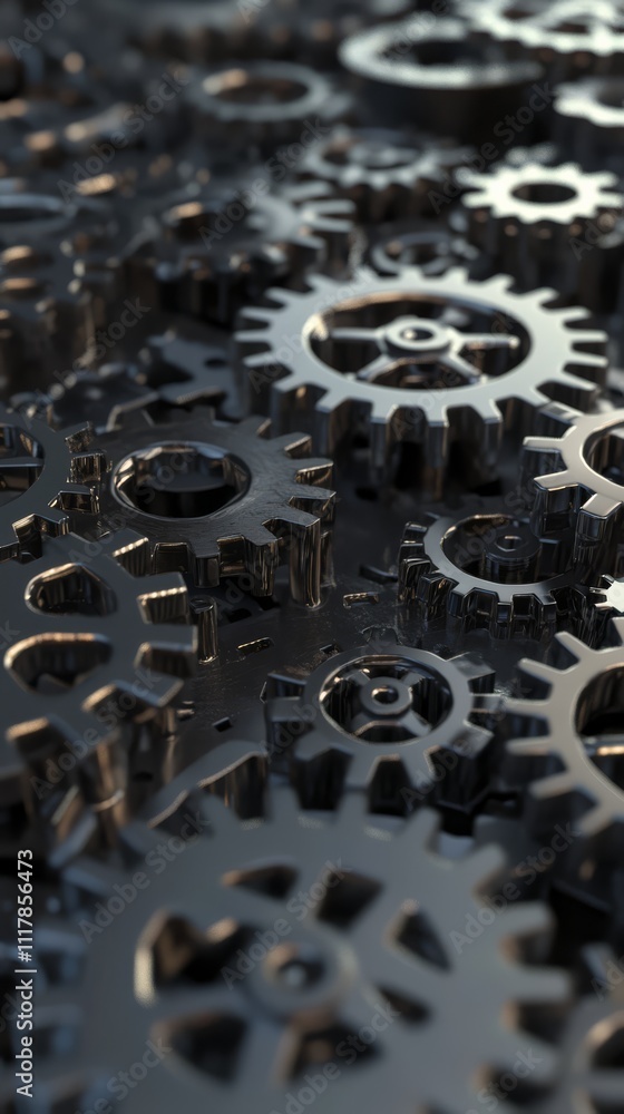 Poster industrial precision: an up-close, textured view of intricately meshed metallic gears, emphasizing t