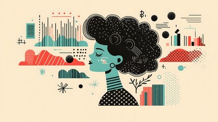Creative Illustration Featuring Abstract Elements and a Thoughtful Woman