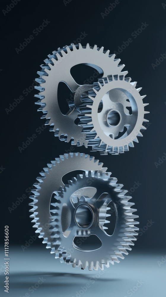 Poster interlocking gears: precision-engineered metal gears, showcasing intricate detail and seamless mecha