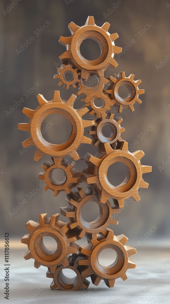 Poster interlocking gears: a photorealistic display of intricately carved wooden gears interlock with preci
