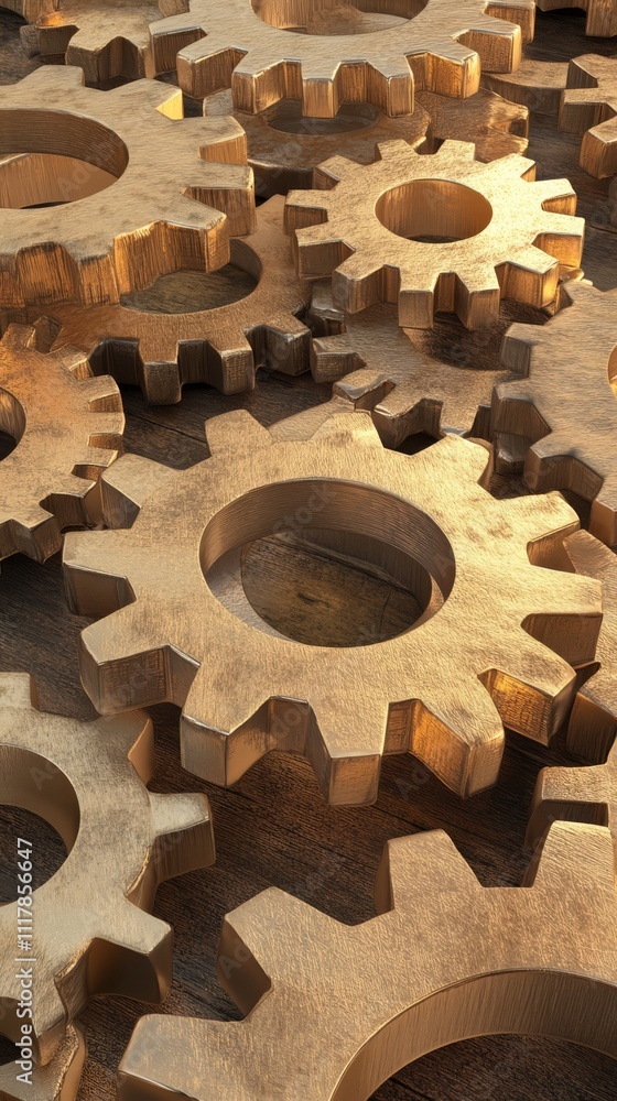 Poster interlocking gears: a dynamic composition of bronze gears showcases the intricate mechanisms and sea