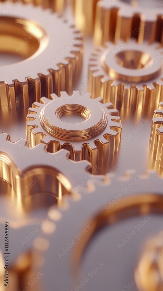 Poster interlocking gears: intricate network of golden gears interlock and rotate, signifying the smooth op