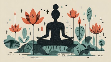 Abstract Meditative Scene with Lotus Flowers and Tranquil Silhouette