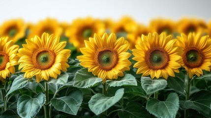 Obraz premium Vibrant Yellow Sunflowers in Full Bloom Close-up Photography of a Row of Sunflowers with Lush Green Leaves