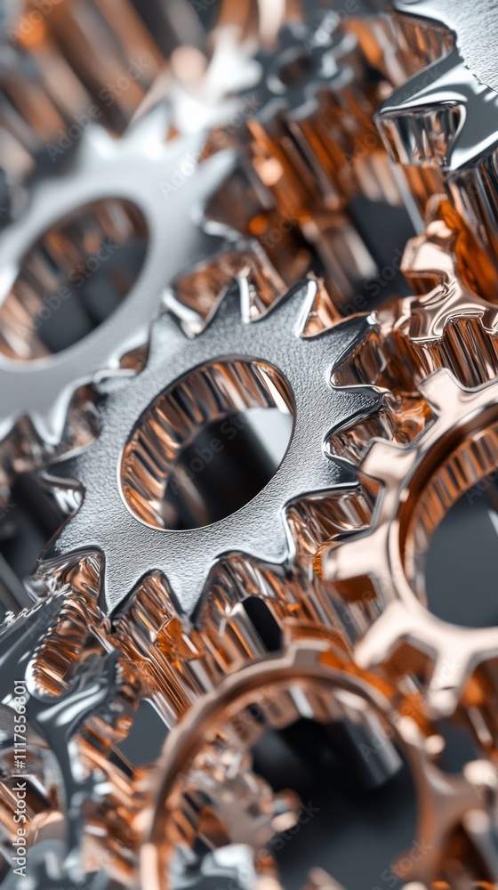 Poster interlocking gears: precisely engineered metal gears, in hues of silver and rose gold, interlock sea