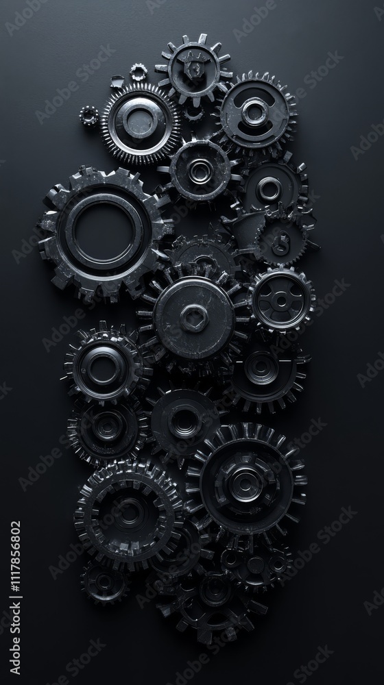 Poster mechanical gears in motion: interlocking gears in a sophisticated arrangement against a dark backgro