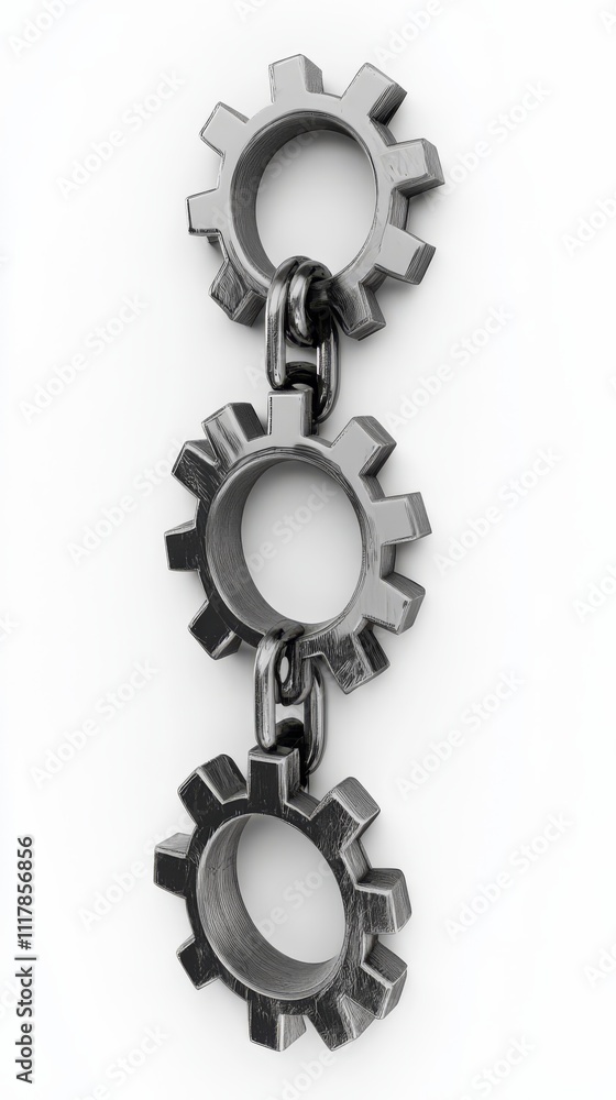Poster interconnected gears: a monochromatic image showing three interconnected gears linked by a chain, re
