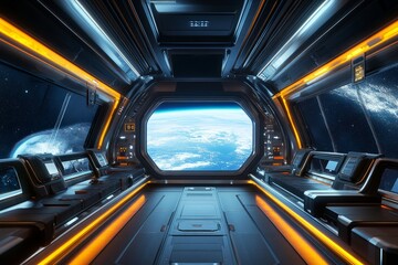 A retro-futuristic space station interior with sleek, glowing furniture and panoramic views of space.Neon retro wallpaper.Retro-futuristic background.Retro-futurism wallpaper.