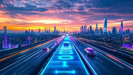 A futuristic highway leading to a glowing cityscape marked in th