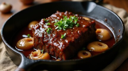A savory meatloaf garnished with fresh herbs is served in a skillet, surrounded by juicy pear halves in rich sauce