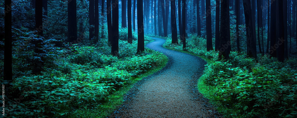 Poster a serene forest path winding through lush greenery and tall trees in a tranquil setting.