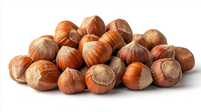 A mound of fresh, unshelled hazelnuts with rich brown shells and vibrant white tips on a white surface.