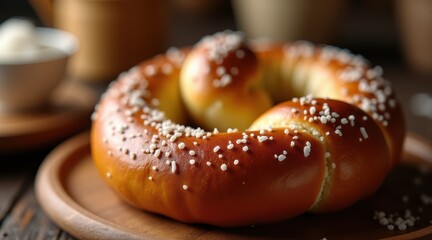 A golden-brown pretzel adorned with coarse salt rests on a wooden plate, showcasing its soft texture and freshly baked aroma