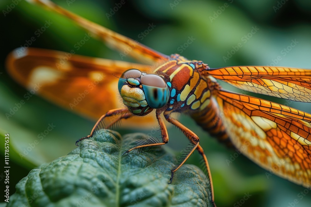 Poster close-up view of a dragonfly perched on a leaf, with intricate details visible