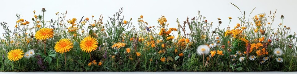 Vibrant Wildflower Meadow Panorama Dandelions, Daisies, and Orange Blossoms in Summer Bloom against White Background