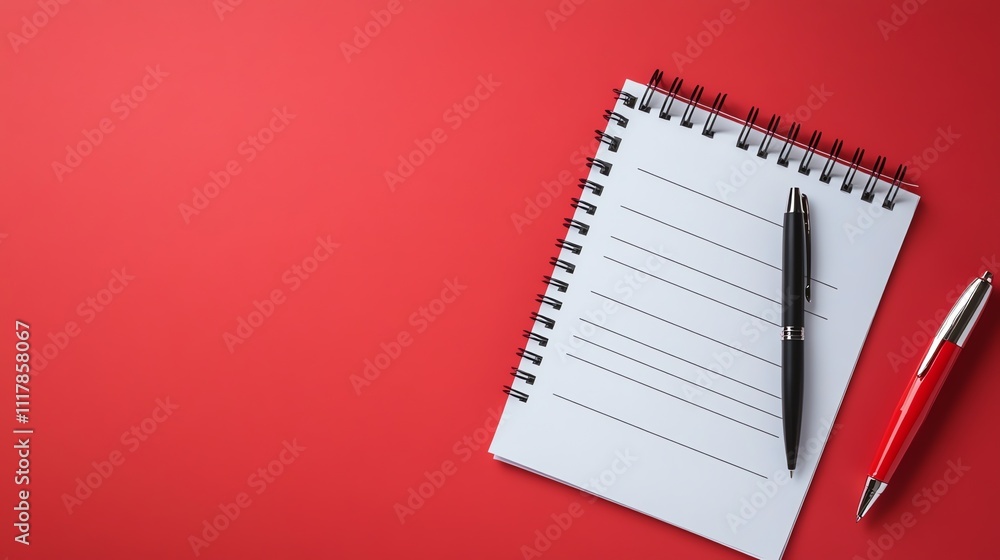 Poster a blank notepad with a pen on a red background.