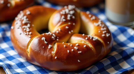 Golden pretzel with coarse salt on a blue checkered cloth offers a mouth-watering visual of traditional German baking