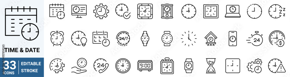 Poster set of 33 line web icons time and date. calendar, date settings, working schedule and more.