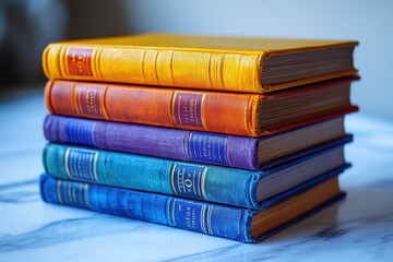 Stack of Vintage Leather-Bound Books in Rainbow Colors on Marble Surface Education, Knowledge, and History Concept
