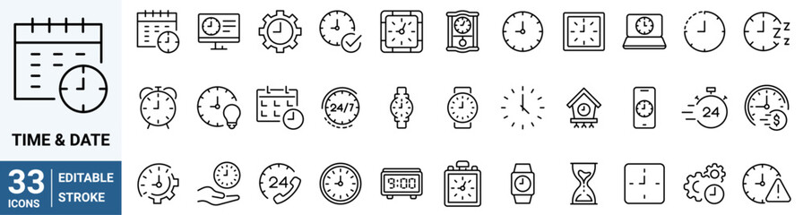 Fototapeta premium set of 33 line web icons Time and Date. Calendar, Date Settings, Working Schedule and more.