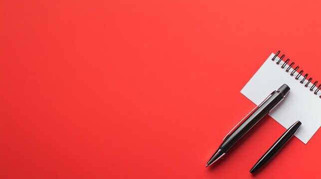 A notepad and pens on a red background.
