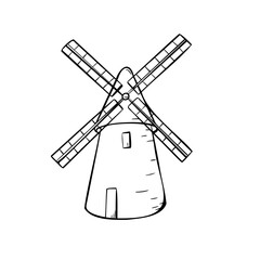 Windmill, air mill black white vector illustration isolated. Rural making bread mill hand drawn outline. Tower mill, Dutch mill sketch for design package bread, flour, trade, grocery store, bakery.