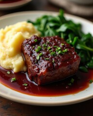 Succulent, saucy meatloaf garnished with herbs, served with creamy mashed potatoes and fresh sautéed greens on a white plate