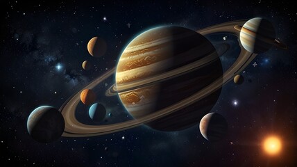Space scene with planets, stars and galaxies. Panorama. Horizontal view for a glass panels (skinali). Banner