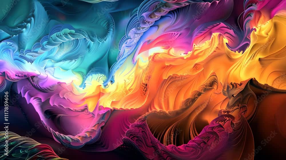 Poster vibrant abstract swirls in blue orange and purple tones creating dynamic ethereal patterns