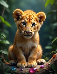 Fototapeta premium a real genuine lion cub in the middle of the rainforest and surrounded by gold, ruby, silver, agate, small stones, red, blue, purple, yellow, white, green colors, realistic, vivid