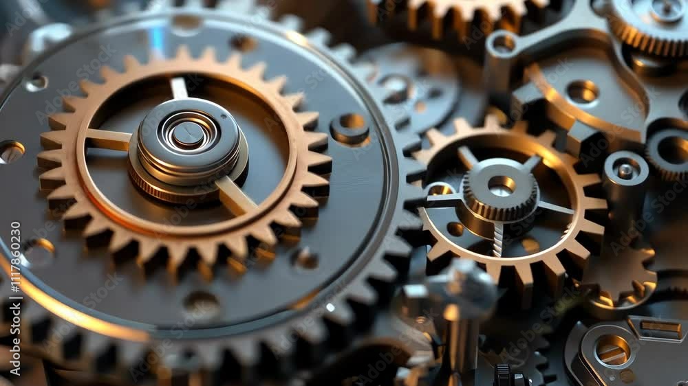 Aufkleber close-up view of interlocking metallic gears with intricate details and shiny surfaces