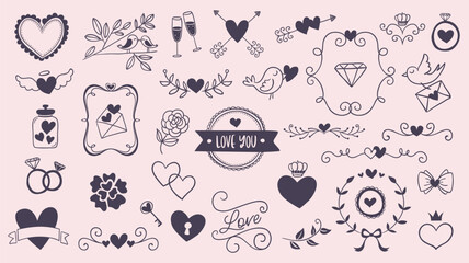 Cute hand-drawn heart shapes, text decoration and floral items in doodle style. Perfect for Valentine Day decoration and lovely design items. A total of 34 isolated items. Vector illustration.
