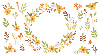 Cute hand-drawn floral wreath and isolated floral items, perfect for decorating gift cards, prints and crafting projects. A total of 24 isolated items. Vector illustration.