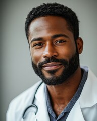 Obraz premium Portrait of a Confident Smiling Black Male Doctor in a White Coat, Healthcare Professional, Medical Specialist