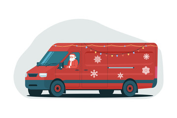 Santa Claus driving a decorated van isolated. Vector illustration. © lyudinka