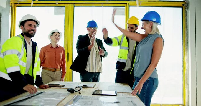 Engineering people, teamwork or hands in stack for support, construction project or building goals. Architecture, meeting or contractor with investor for funding, group cooperation or design mission
