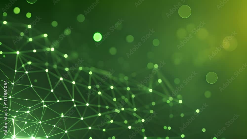 Poster abstract green background with connected lines and dots representing technology and data