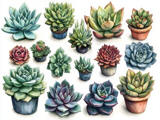 Fototapeta premium Watercolor Painting of Succulents Collection of 15 Detailed Echeveria and Sempervivum Plants in Pots - Botanical Illustration for Home Decor, Garden Design, and Print