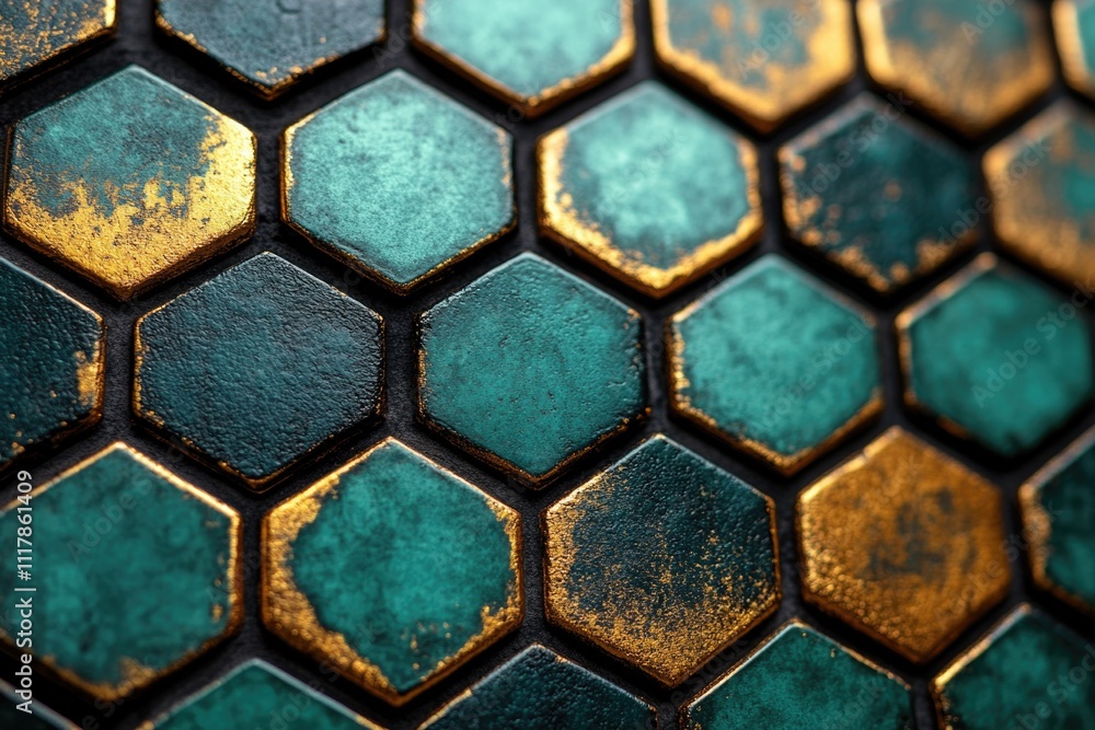 Poster a close-up shot of a beautiful green and gold tiled wall, ideal for use in interior design or archit