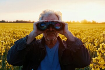 Fototapeta premium A person observing nature with binoculars in an open landscape