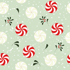 Christmas Seamless Pattern with Candy Cane and winter twigs. New Year pattern for fabric, scrapbooking, wrapping paper, postcard, banner.