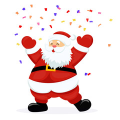Cute Happy Santa Character with White Beard and Red Hat with Confetti Vector Illustration.