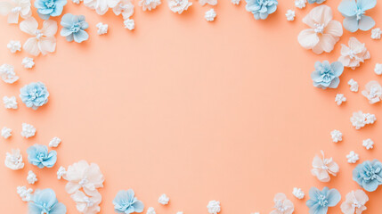 Beautiful Floral Frame with Light Blue and White Flowers on a Soft Peach Background for Elegant Designs and Creative Projects