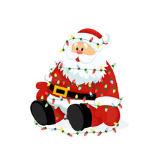 Cute Happy Santa Character with White Beard and Red Hat Tangled up in Colorful Christmas Lights Vector Illustration.