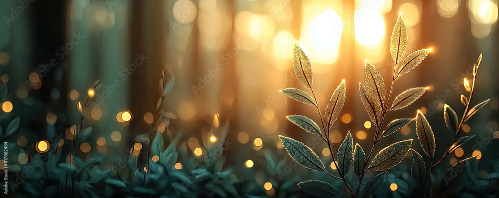 Poster a serene forest view with sunlight filtering through green leaves, creating a magical atmosphere.