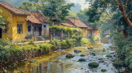 A serene scene of a stream flowing through a quaint village, perfect for use in travel or nature-themed projects